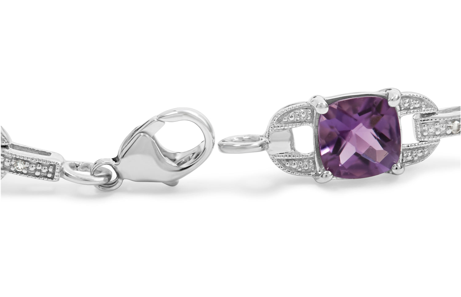 .925 Sterling Silver 7mm Cushion Cut Amethyst Gemstone and Diamond Tennis Link Bracelet (I-J Color, I1-I2 Clarity) - Size 7" by Bids.com