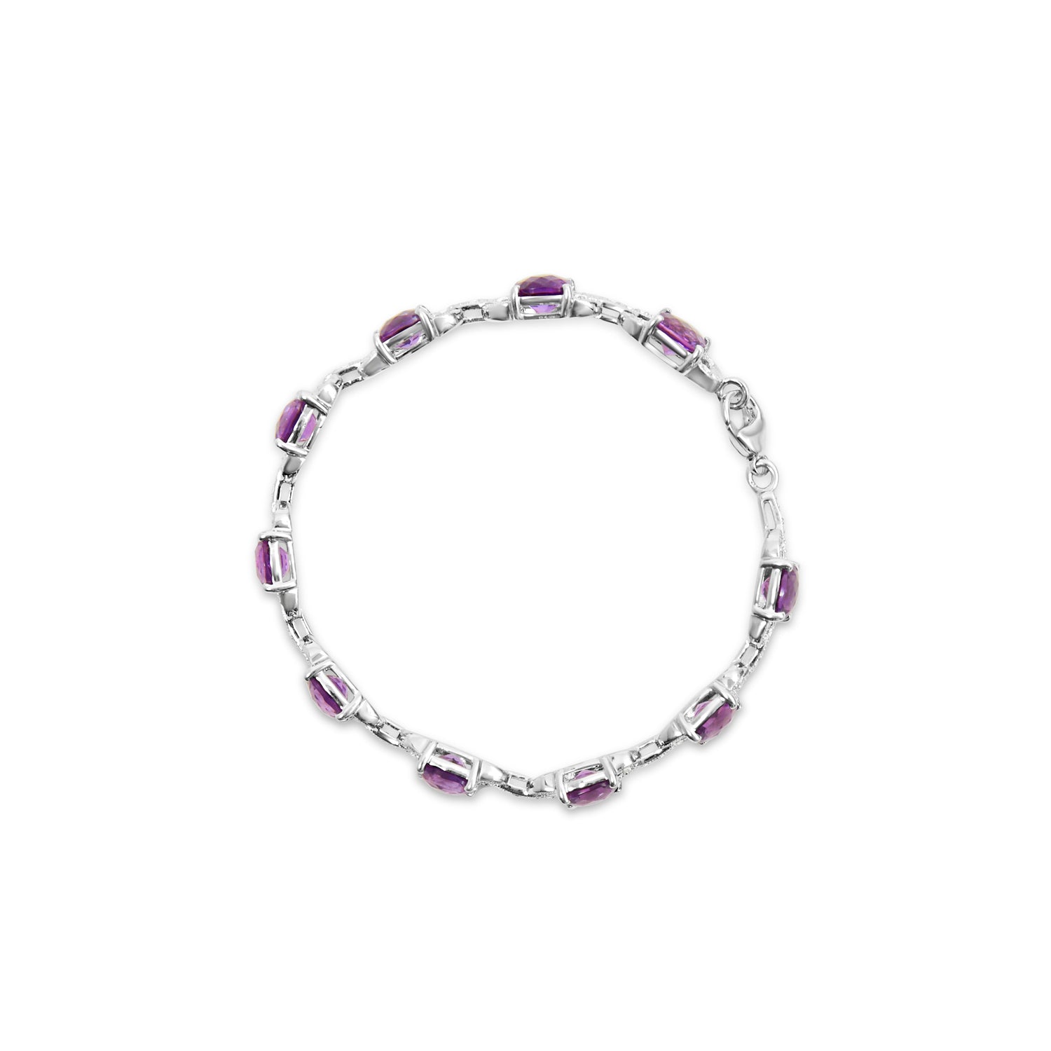 .925 Sterling Silver 7mm Cushion Cut Amethyst Gemstone and Diamond Tennis Link Bracelet (I-J Color, I1-I2 Clarity) - Size 7" by Bids.com