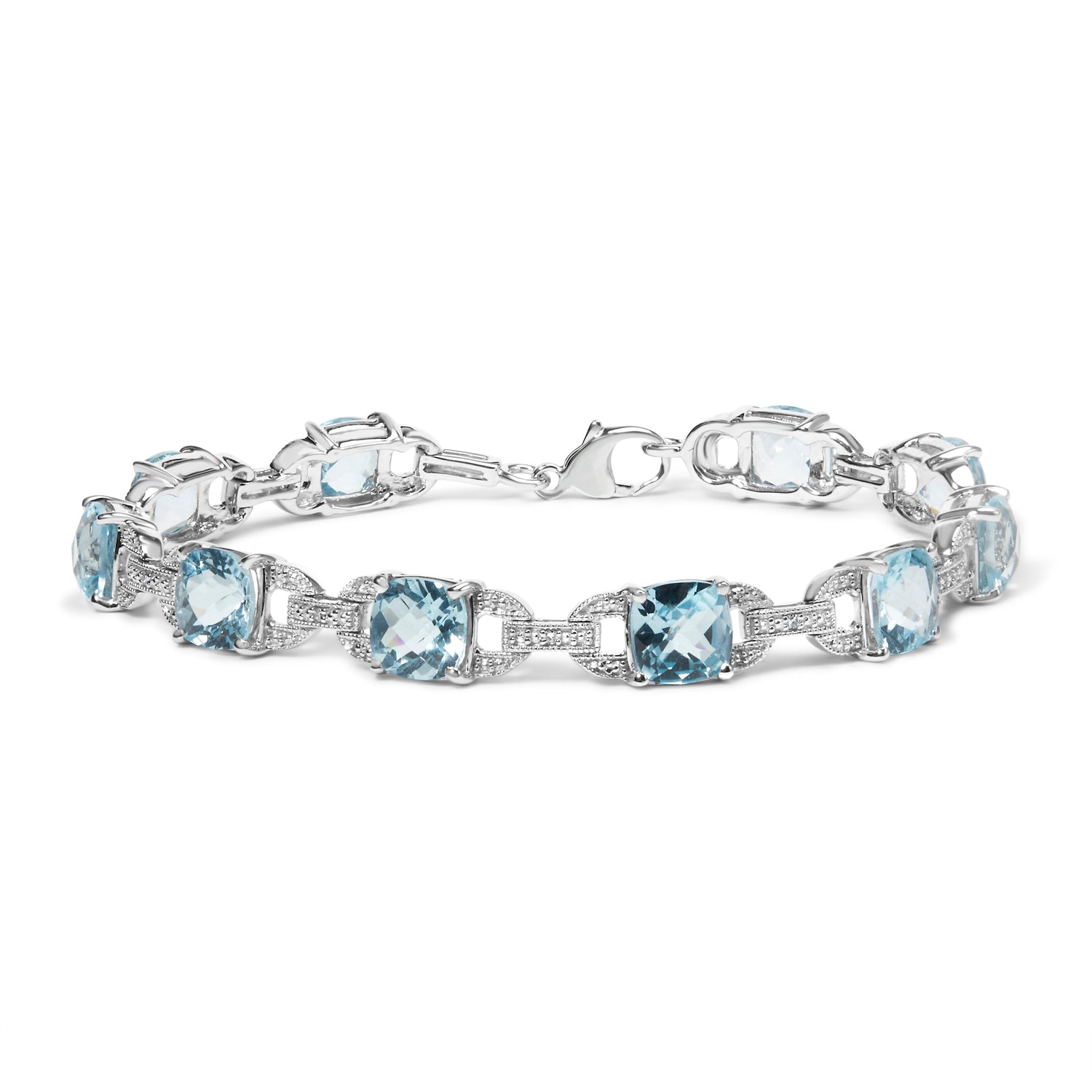 .925 Sterling Silver 7x7 mm Cushion Cut Blue Topaz and 1/20 cttw Round Cut Diamond Fashion Tennis Bracelet (I-J Color, I1-I2 Clarity) - 7" by Bids.com