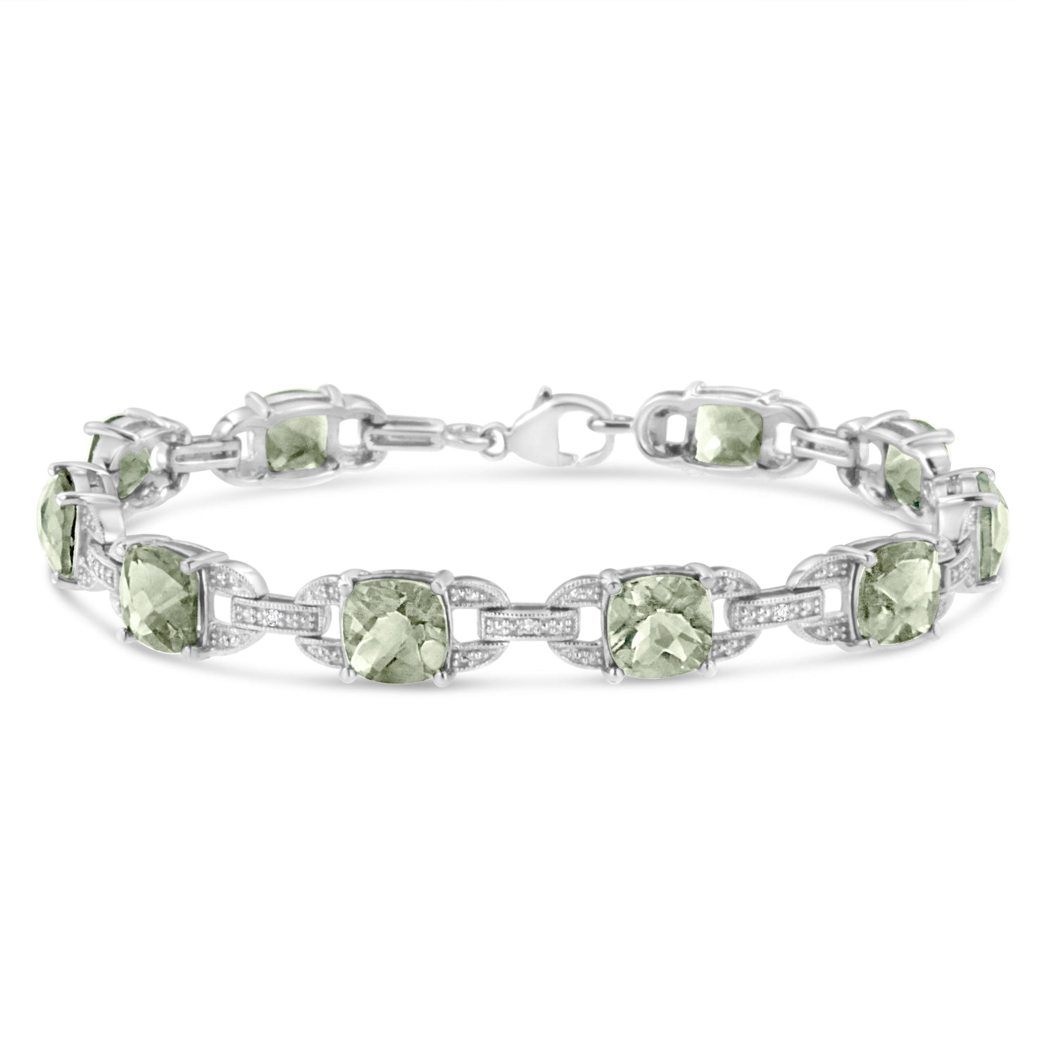 .925 Sterling Silver 7x7 mm Cushion Cut Green Amethyst and 1/20 cttw Round Cut Diamond Fashion Tennis Bracelet (I-J Color, I1-I2 Clarity) - 7"  DestGlow