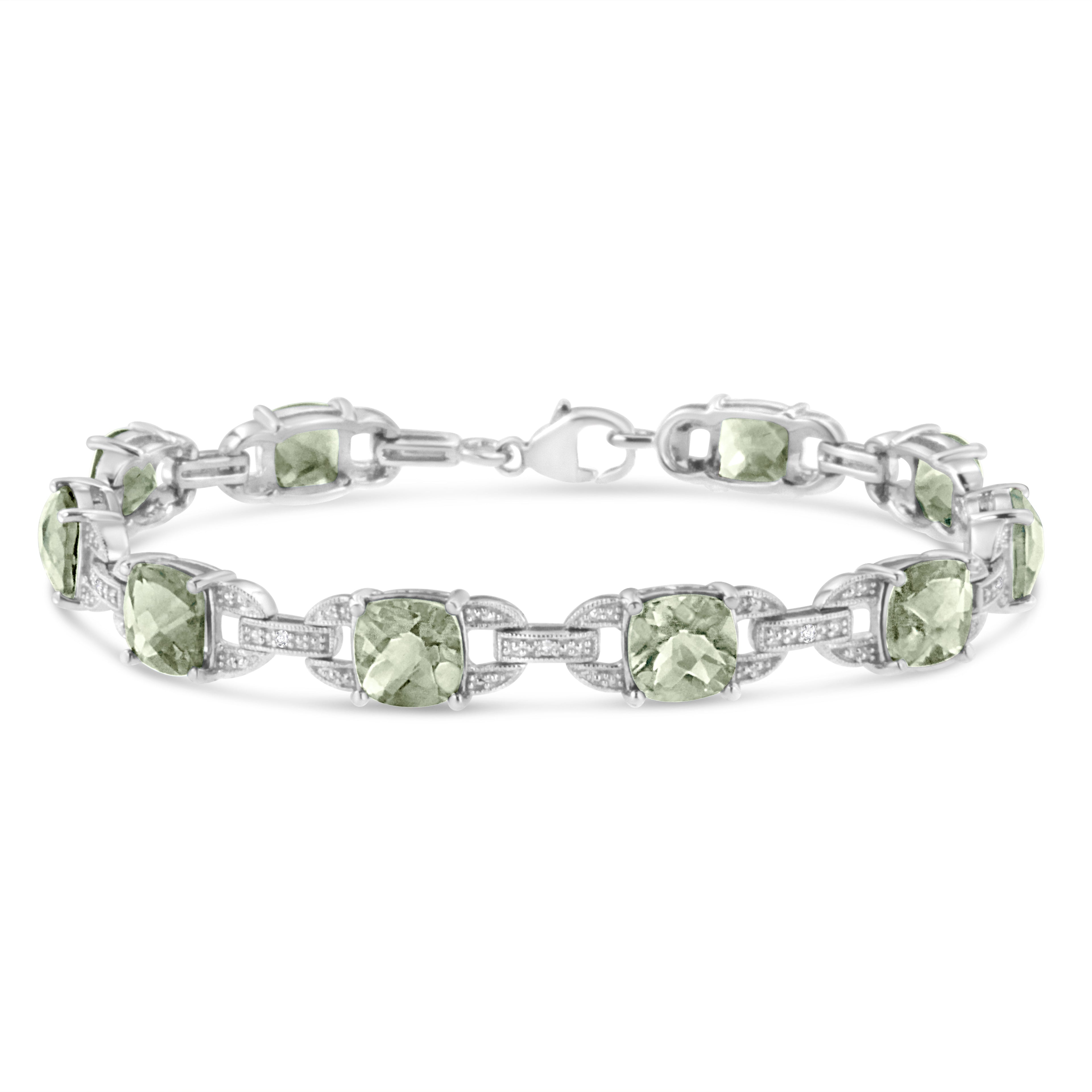 .925 Sterling Silver 7x7 mm Cushion Cut Green Amethyst and 1/20 cttw Round Cut Diamond Fashion Tennis Bracelet (I-J Color, I1-I2 Clarity) - 7"  DestGlow