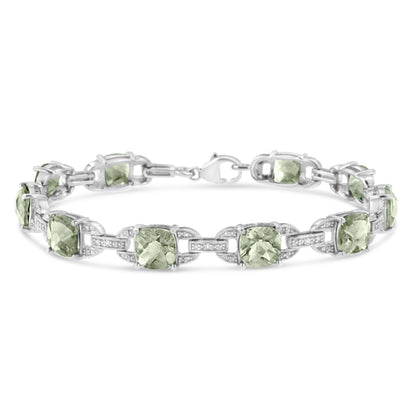 .925 Sterling Silver 7x7 mm Cushion Cut Green Amethyst and 1/20 cttw Round Cut Diamond Fashion Tennis Bracelet (I-J Color, I1-I2 Clarity) - 7"  DestGlow