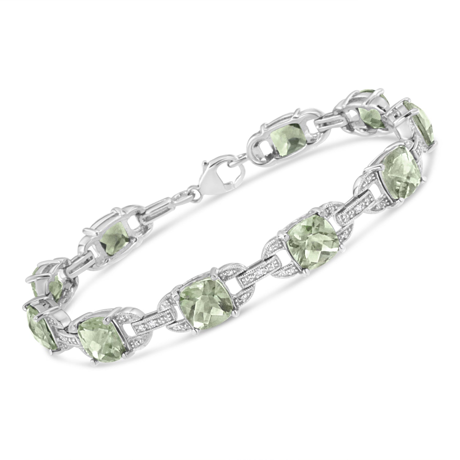 .925 Sterling Silver 7x7 mm Cushion Cut Green Amethyst and 1/20 cttw Round Cut Diamond Fashion Tennis Bracelet (I-J Color, I1-I2 Clarity) - 7"  DestGlow