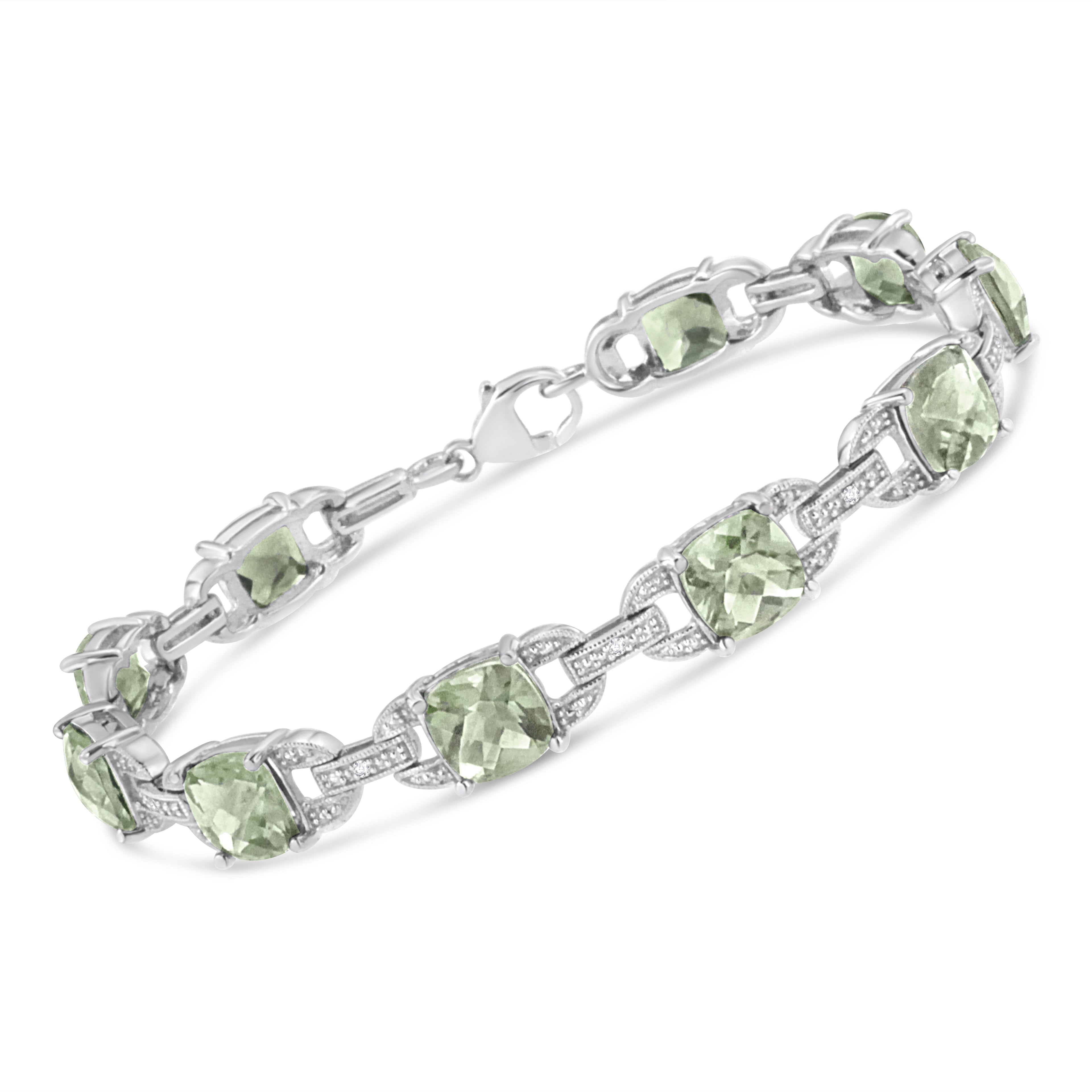 .925 Sterling Silver 7x7 mm Cushion Cut Green Amethyst and 1/20 cttw Round Cut Diamond Fashion Tennis Bracelet (I-J Color, I1-I2 Clarity) - 7"  DestGlow