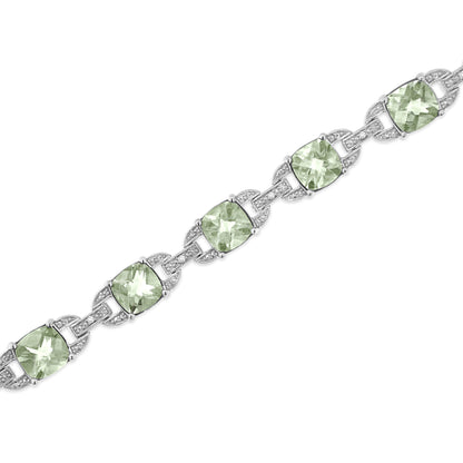 .925 Sterling Silver 7x7 mm Cushion Cut Green Amethyst and 1/20 cttw Round Cut Diamond Fashion Tennis Bracelet (I-J Color, I1-I2 Clarity) - 7"  DestGlow
