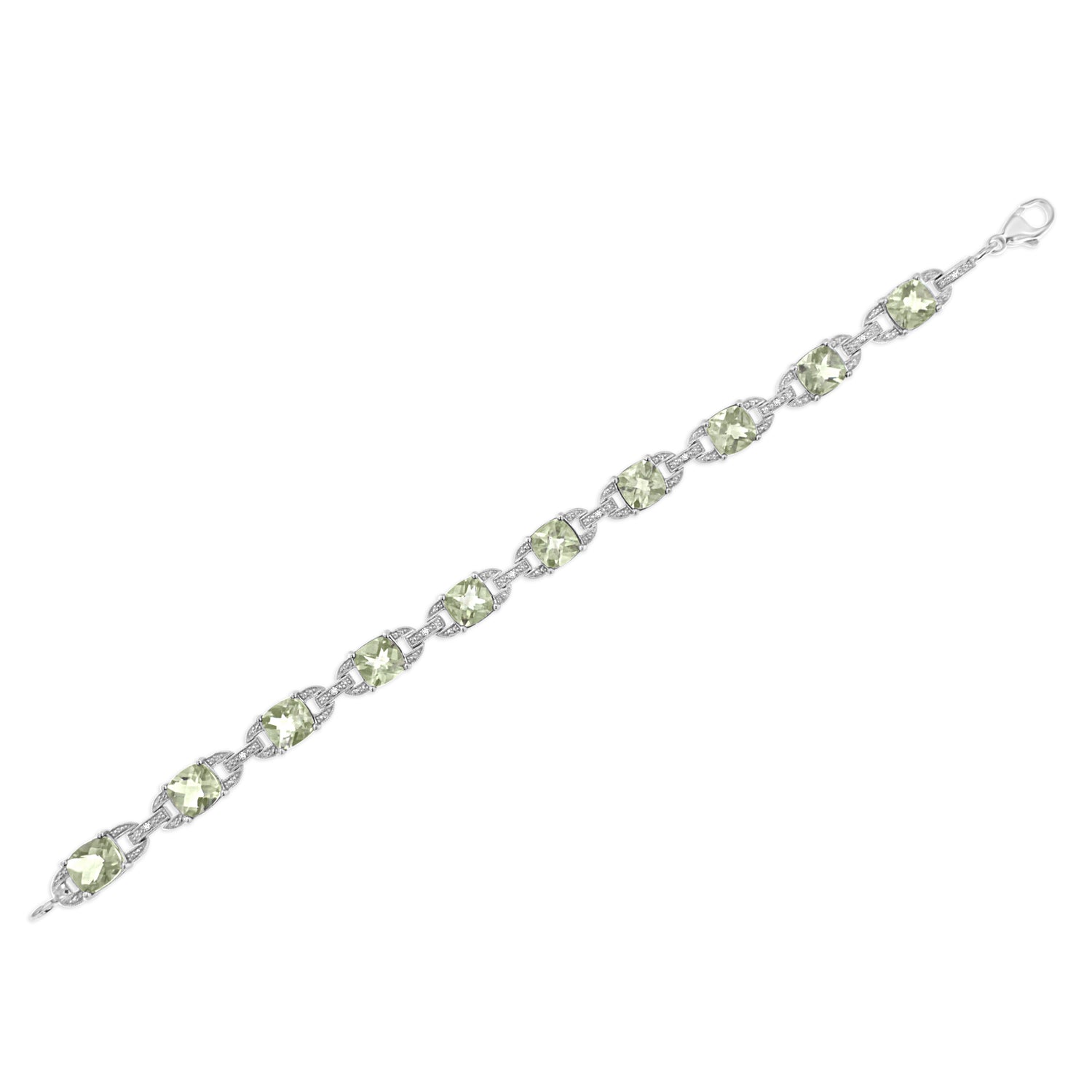 .925 Sterling Silver 7x7 mm Cushion Cut Green Amethyst and 1/20 cttw Round Cut Diamond Fashion Tennis Bracelet (I-J Color, I1-I2 Clarity) - 7"  DestGlow