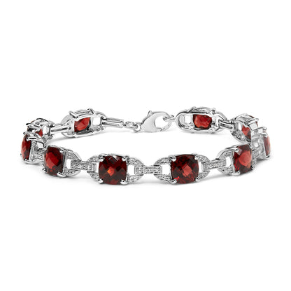 .925 Sterling Silver 7x7mm Checkered Cushion Red Garnet and Diamond Accent Fashion Tennis Link Bracelet (I-J Color, I1-I2 Clarity) - Size 7" Inch by Bids.com