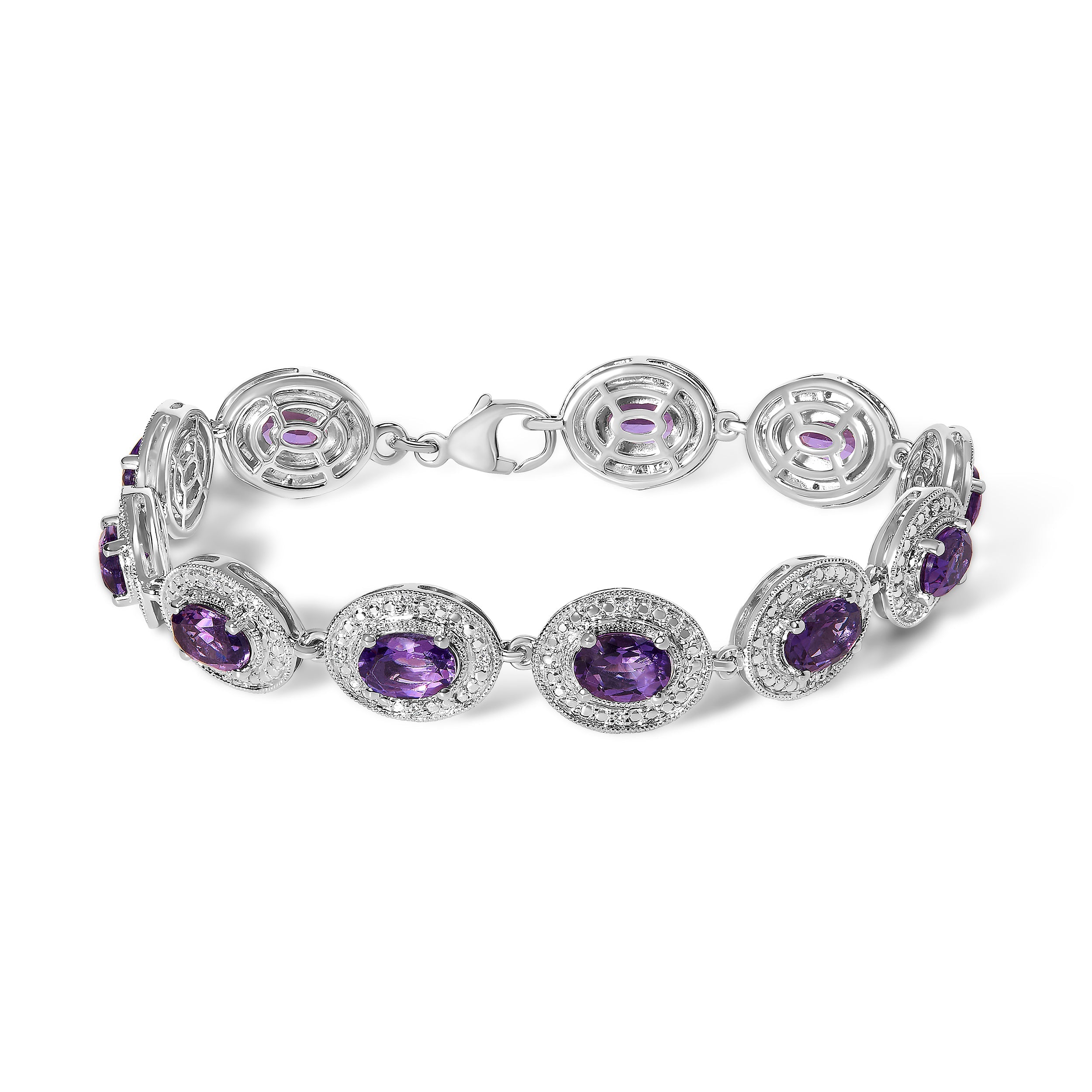 Sterling Silver 5x7 MM Oval Purple Amethyst &amp; Diamond Halo Link Bracelet by Bids.com
