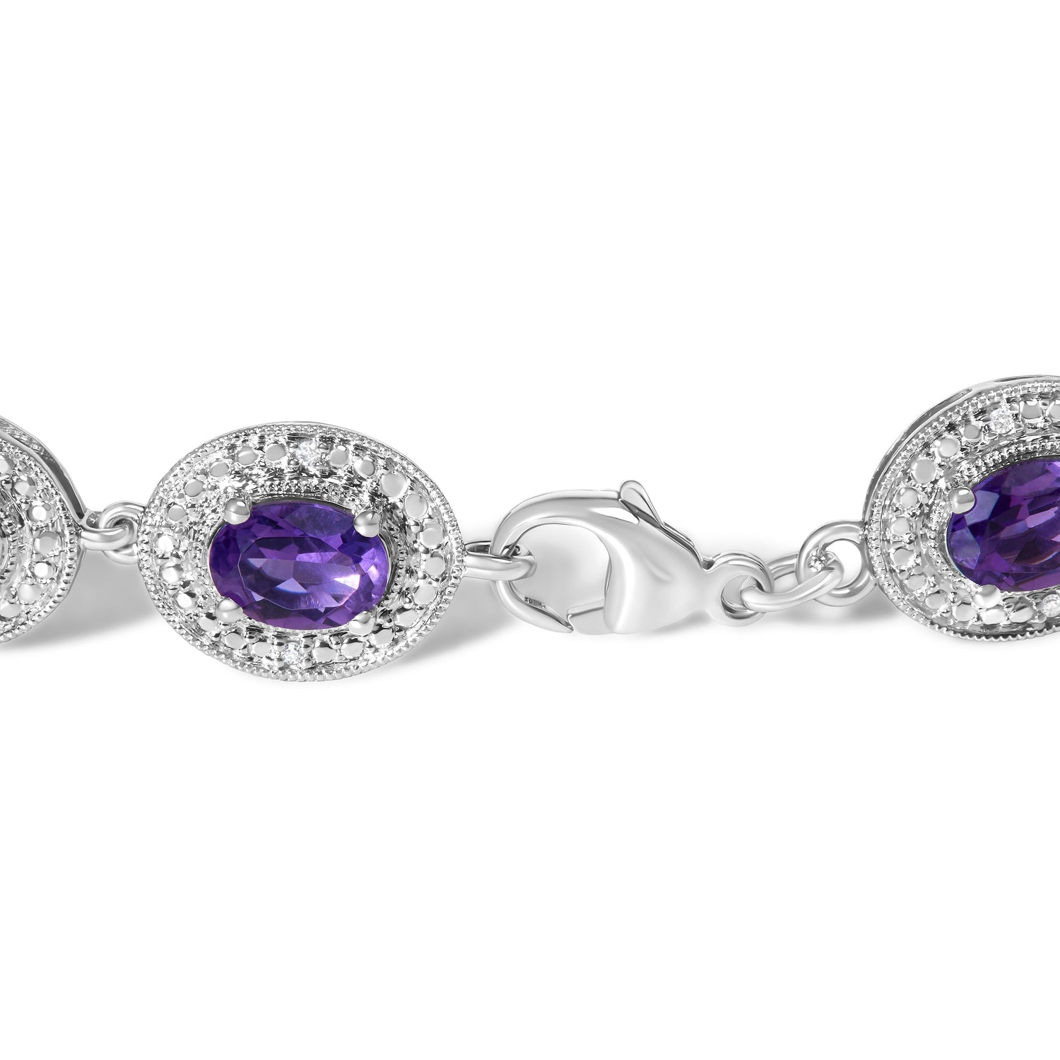 Sterling Silver 5x7 MM Oval Purple Amethyst &amp; Diamond Halo Link Bracelet by Bids.com