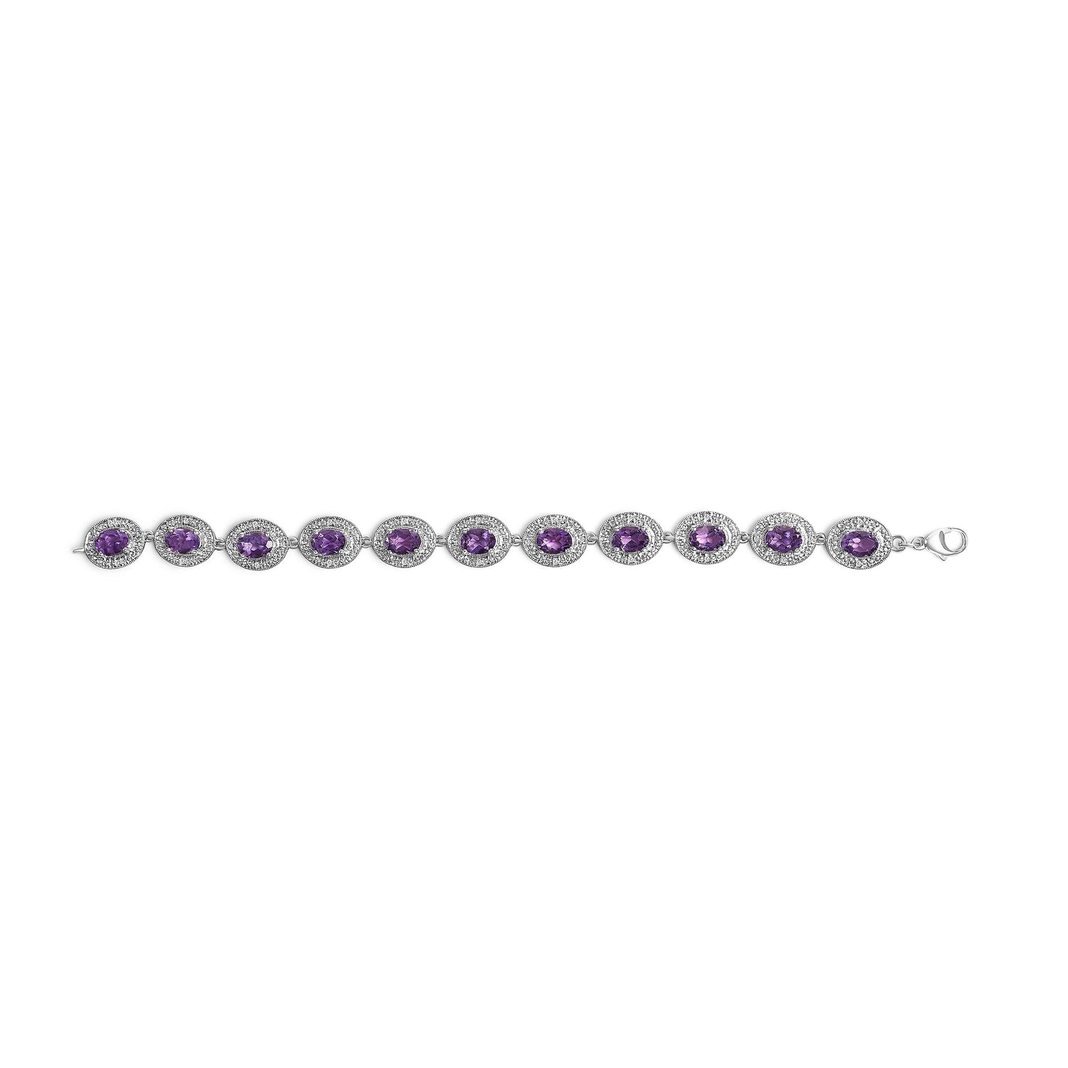 Sterling Silver 5x7 MM Oval Purple Amethyst &amp; Diamond Halo Link Bracelet by Bids.com