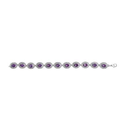 Sterling Silver 5x7 MM Oval Purple Amethyst &amp; Diamond Halo Link Bracelet by Bids.com