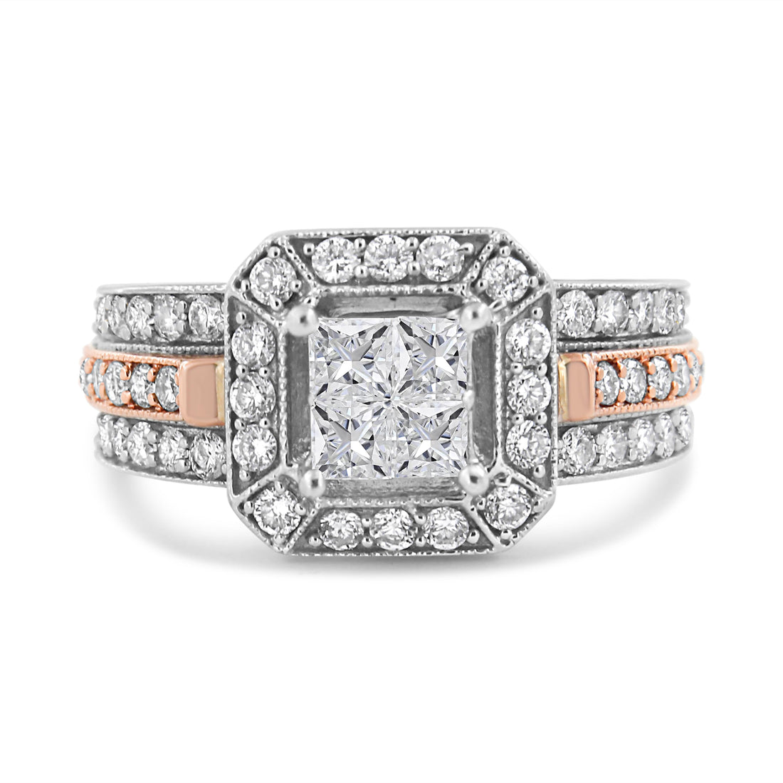 14K White and Rose Gold 1 1/8 Cttw Princess and Round-Cut Diamond Art Deco Style Triple Shank Halo Cocktail Ring (I-J Color, SI2-I1 Clarity) - Size 7 by Bids.com