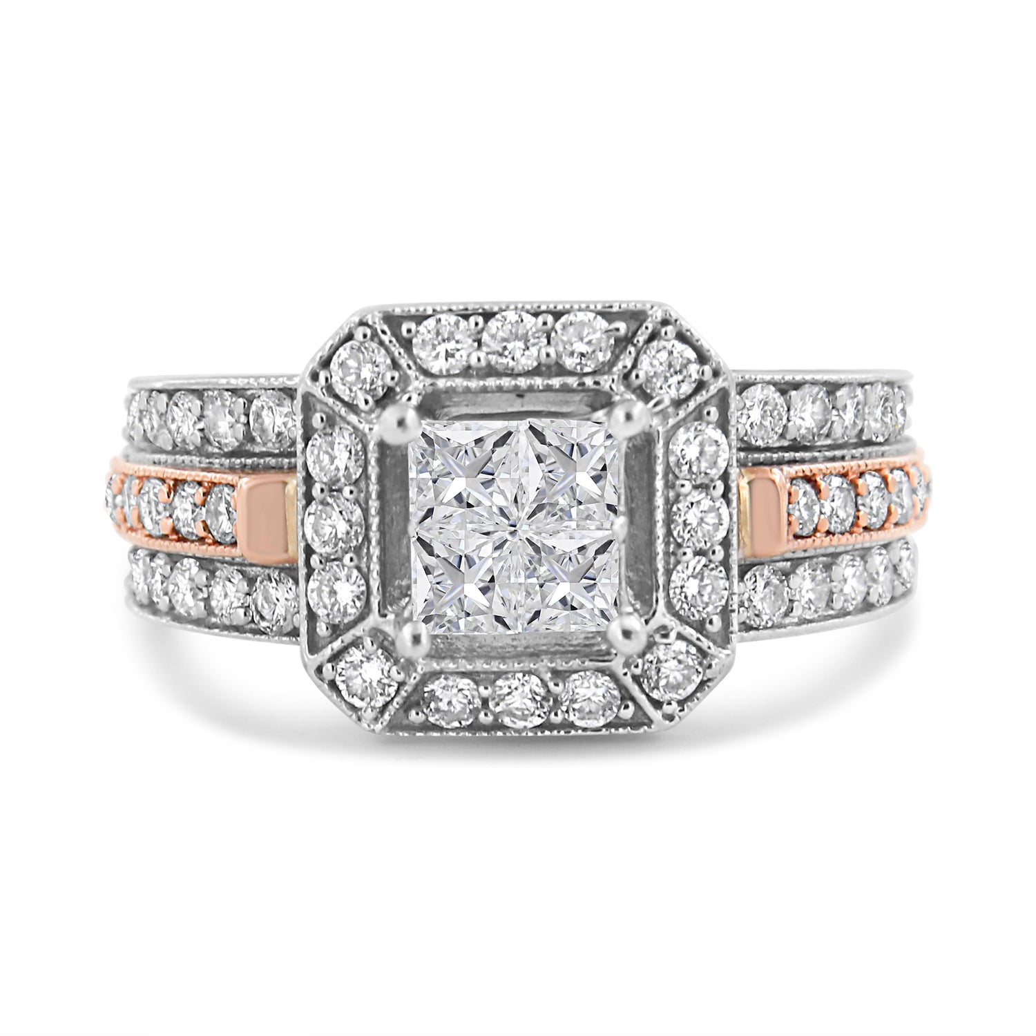 14K White and Rose Gold 1 1/8 Cttw Princess and Round-Cut Diamond Art Deco Style Triple Shank Halo Cocktail Ring (I-J Color, SI2-I1 Clarity) - Size 7 by Bids.com