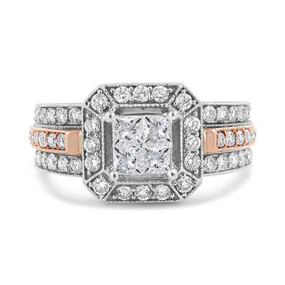 14K White and Rose Gold 1 1/8 Cttw Princess and Round-Cut Diamond Art Deco Style Triple Shank Halo Cocktail Ring (I-J Color, SI2-I1 Clarity) - Size 7 by Bids.com