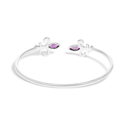 .925 Sterling Silver 8X4MM Marquise Purple Amethyst and Diamond Accent Fleur Di Lis Open Cuff Bangle (I-J Color, I1-I2 Clarity) - 7" by Bids.com