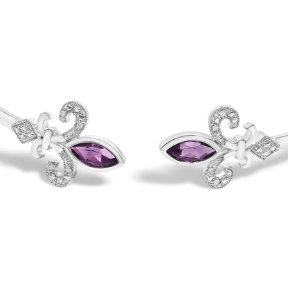 .925 Sterling Silver 8X4MM Marquise Purple Amethyst and Diamond Accent Fleur Di Lis Open Cuff Bangle (I-J Color, I1-I2 Clarity) - 7" by Bids.com