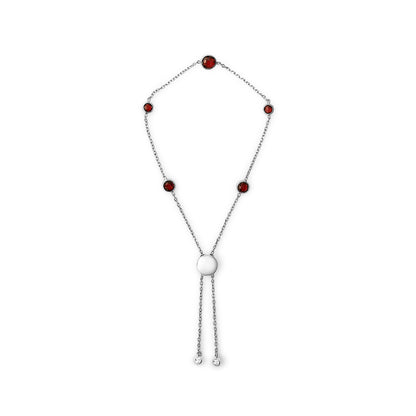 .925 Sterling Silver Bezel Set Red Garnet 5 Station Adjustable Bolo Bracelet by Bids.com