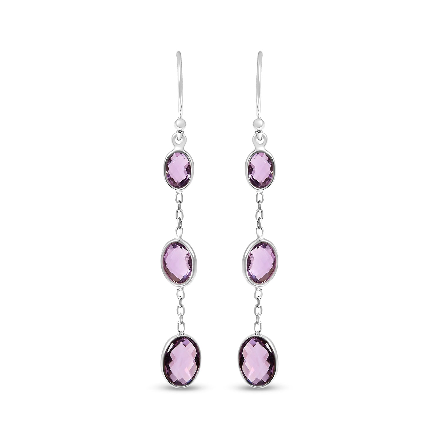 .925 Sterling Silver Checkerboard Cut Oval Purple Amethyst 2" Inch Drop and Dangle Earrings by Bids.com