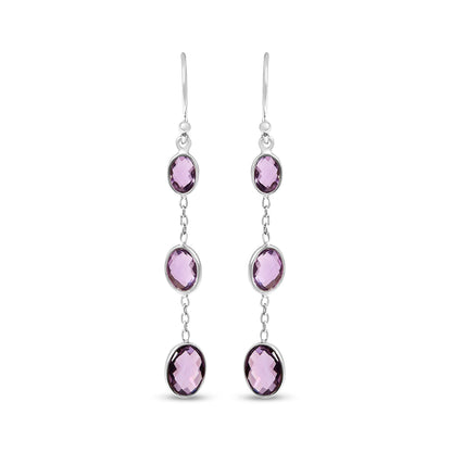 .925 Sterling Silver Checkerboard Cut Oval Purple Amethyst 2" Inch Drop and Dangle Earrings by Bids.com