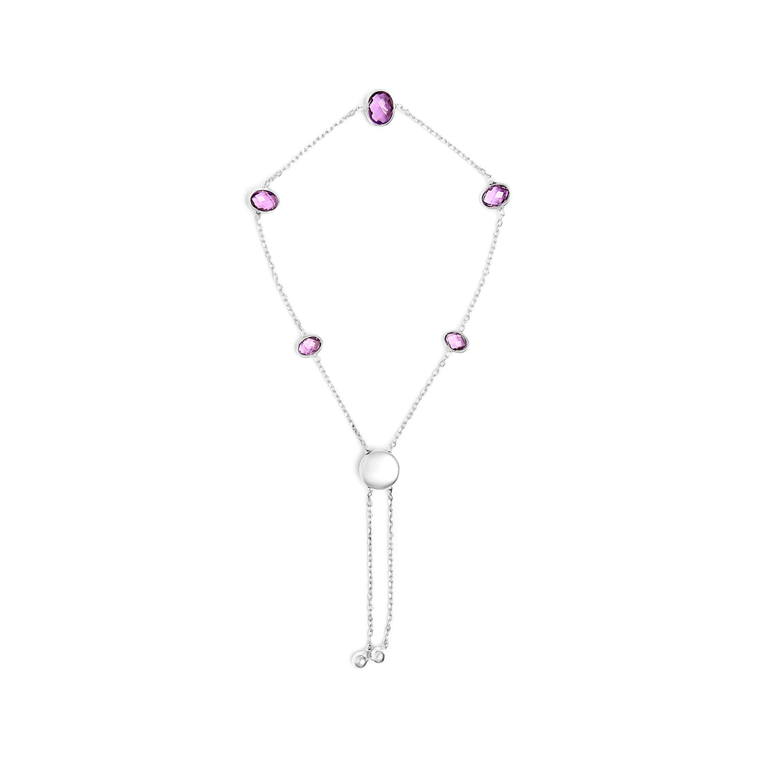 .925 Sterling Silver Bezel Set Purple Amethyst 5 Station Adjustable Bolo Bracelet by Bids.com