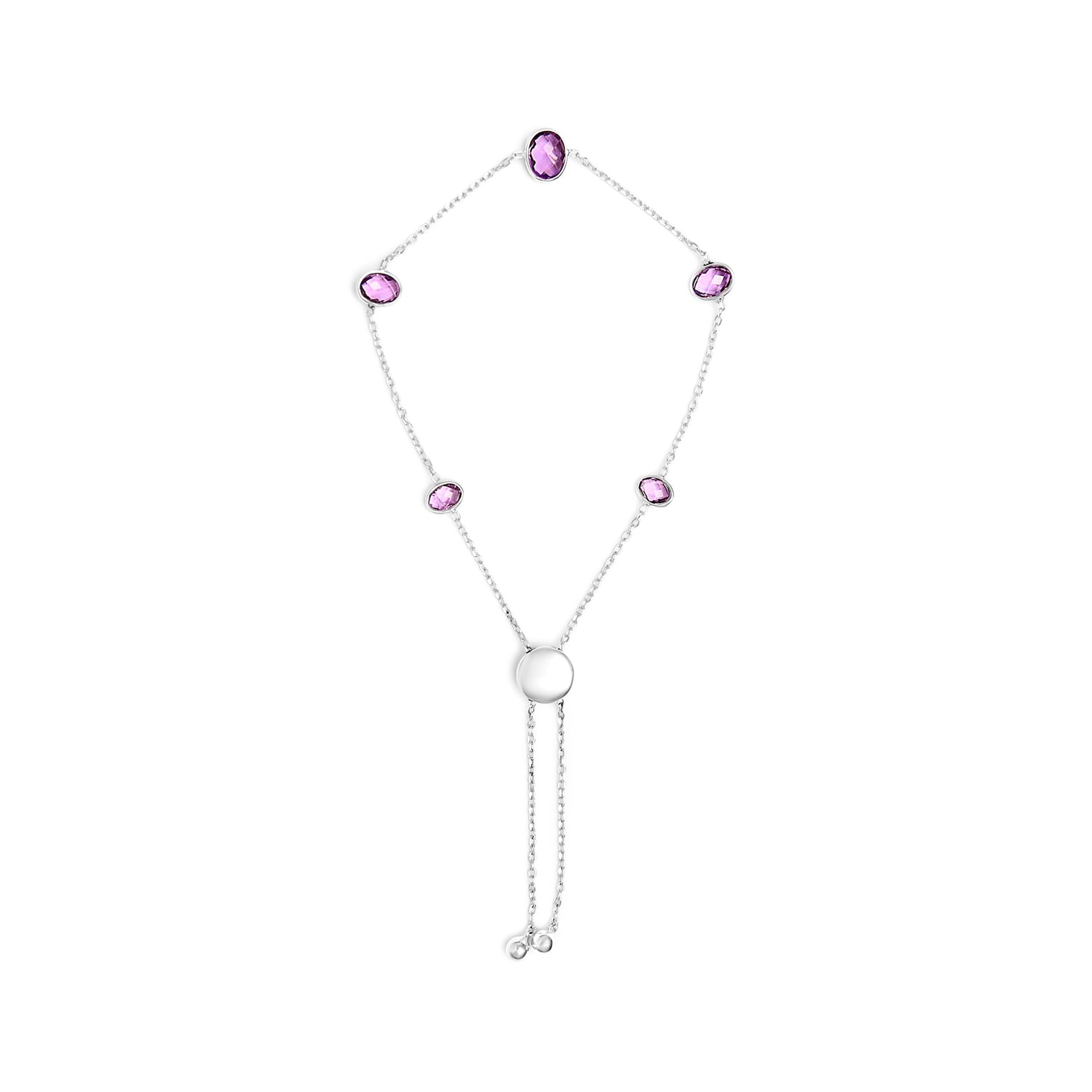 .925 Sterling Silver Bezel Set Purple Amethyst 5 Station Adjustable Bolo Bracelet by Bids.com