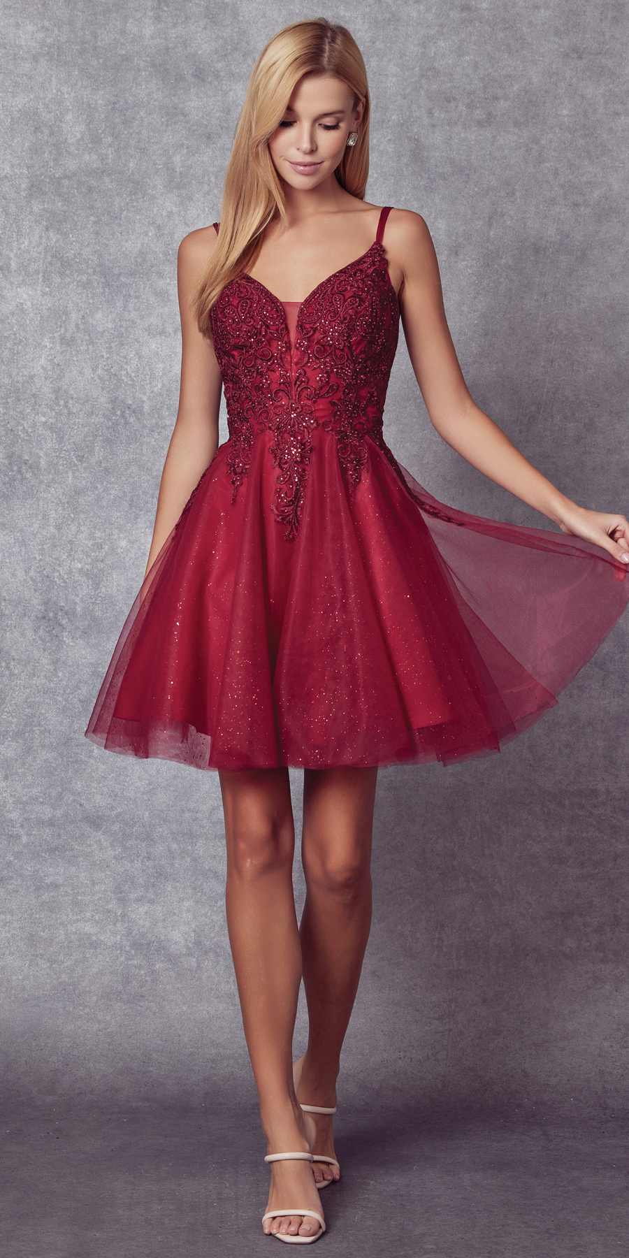 Juliet 857 Embroidered Top Short A-line Glitter Dress by DiscountDressShop