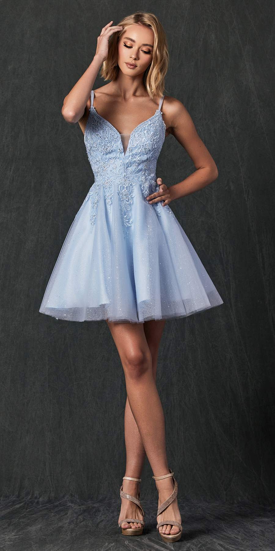 Juliet 857 Embroidered Top Short A-line Glitter Dress by DiscountDressShop