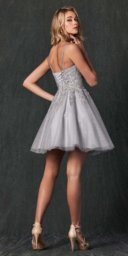Juliet 857 Embroidered Top Short A-line Glitter Dress by DiscountDressShop