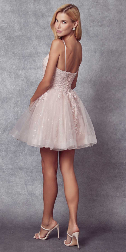 Juliet 859 Short Floral Applique Glitter Tulle A-Line Dress by DiscountDressShop