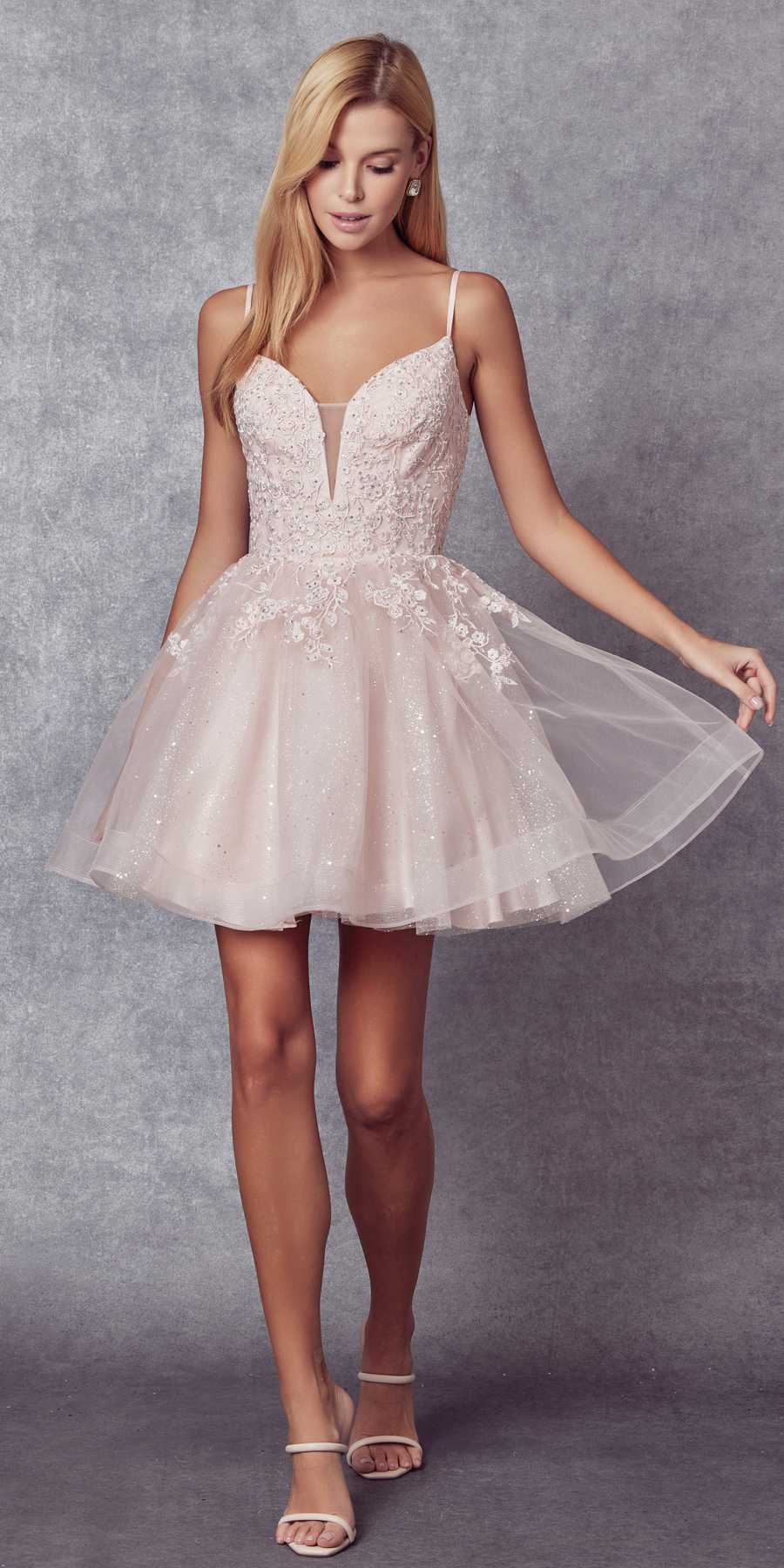 Juliet 859 Short Floral Applique Glitter Tulle A-Line Dress by DiscountDressShop