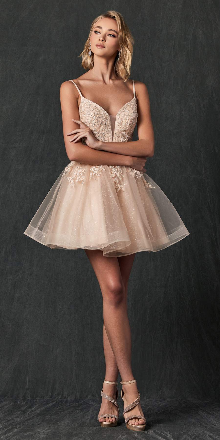 Juliet 859 Short Floral Applique Glitter Tulle A-Line Dress by DiscountDressShop