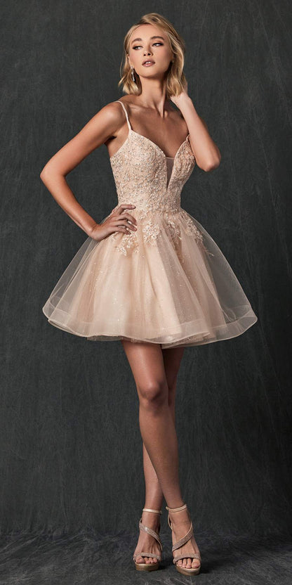 Juliet 859 Short Floral Applique Glitter Tulle A-Line Dress by DiscountDressShop