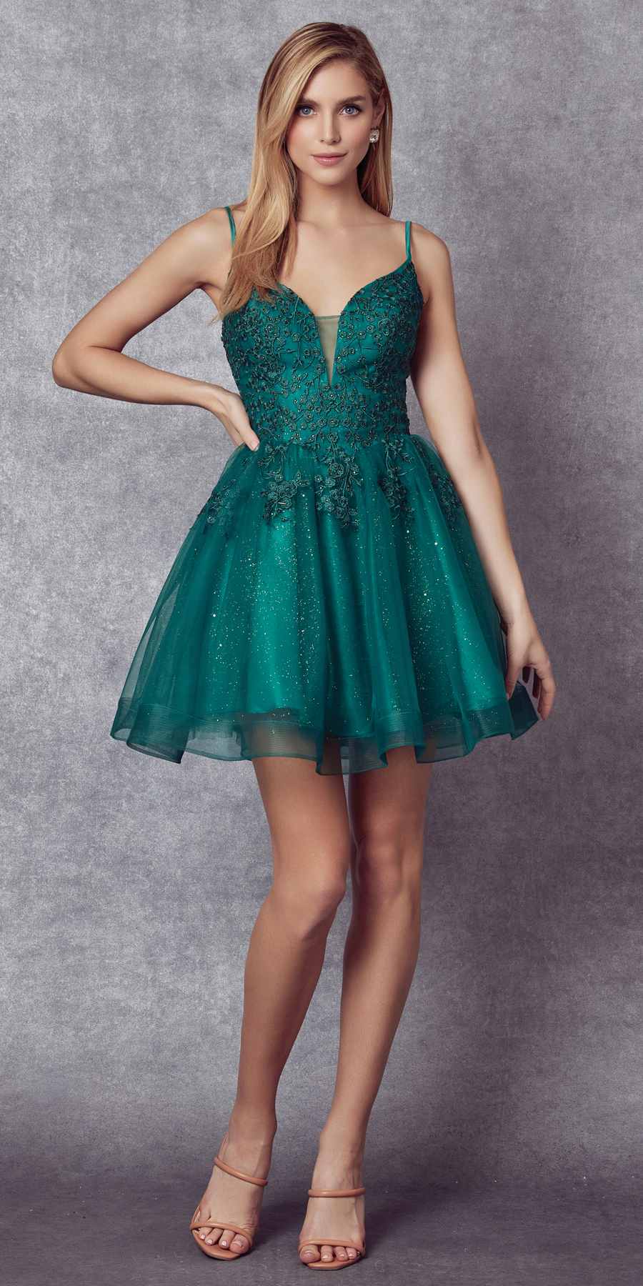 Juliet 859 Short Floral Applique Glitter Tulle A-Line Dress by DiscountDressShop