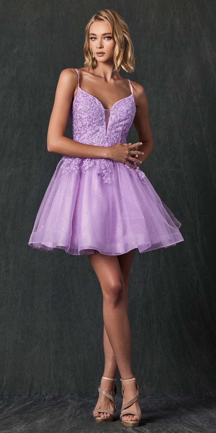 Juliet 859 Short Floral Applique Glitter Tulle A-Line Dress by DiscountDressShop