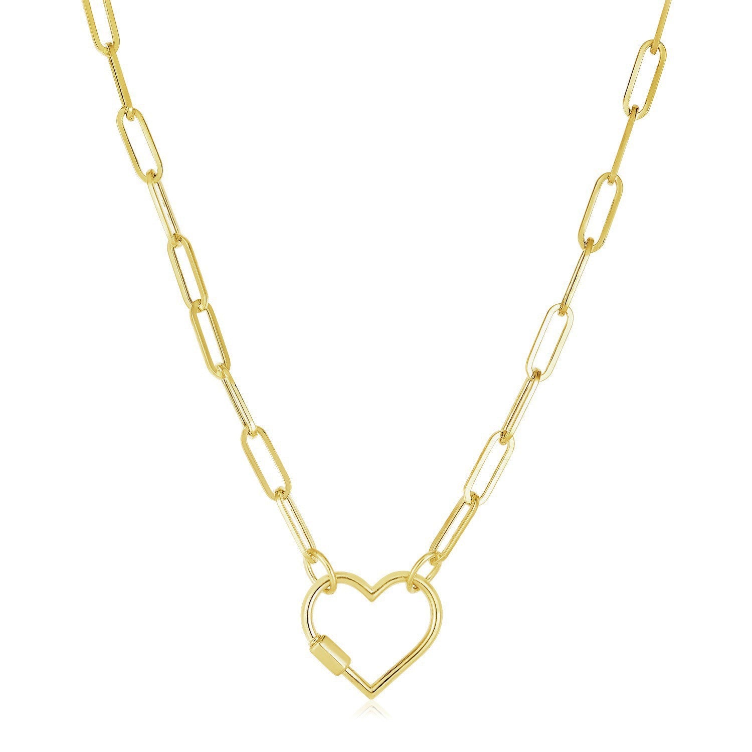 14k Yellow Gold Paperclip Chain Necklace with Heart Carabiner Clasp by Bids.com