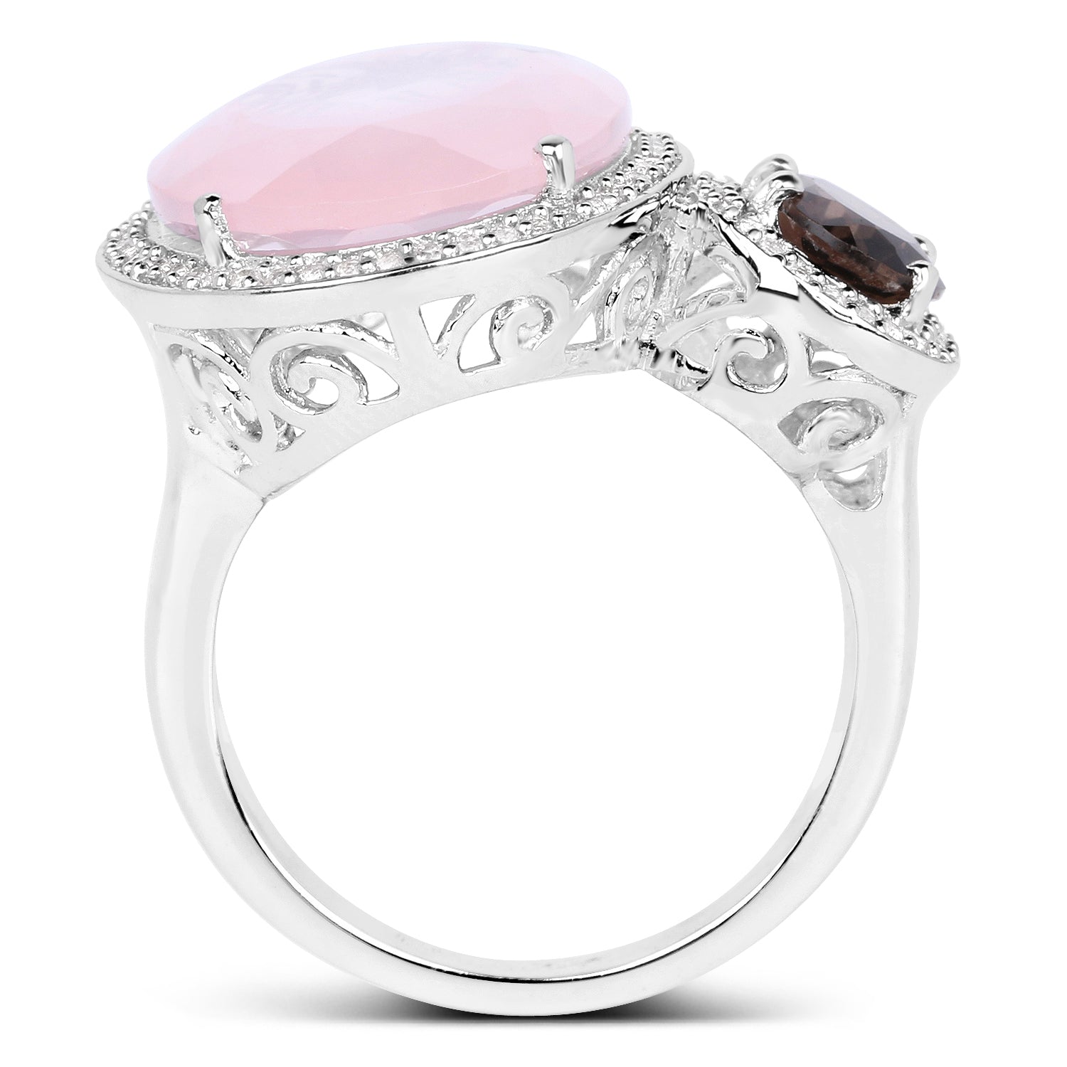 8.25 Carat Genuine Rose Quartz, Smoky Quartz And White Topaz .925 Sterling Silver Ring  DestGlow