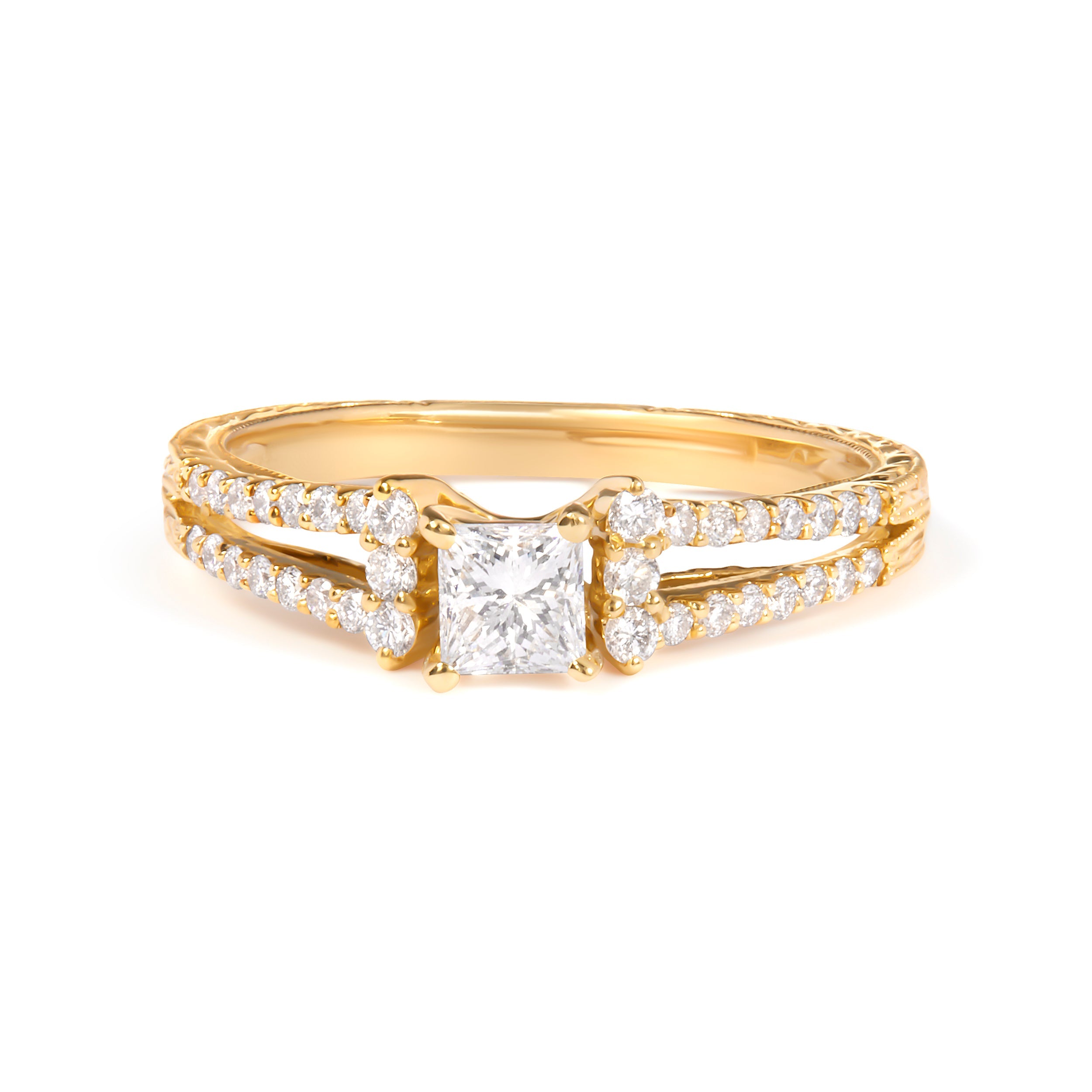 14K Yellow Gold Diamond 5/8 Cttw Princess Diamond Split Shank and Milgrain Engagement Ring (G-H Color, VS2-SI1 Clarity) - Size 7 by Bids.com