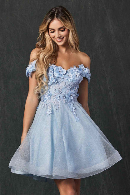Juliet 861 Floral Embroidered Glitter Mesh Short A-Line Dress by DiscountDressShop