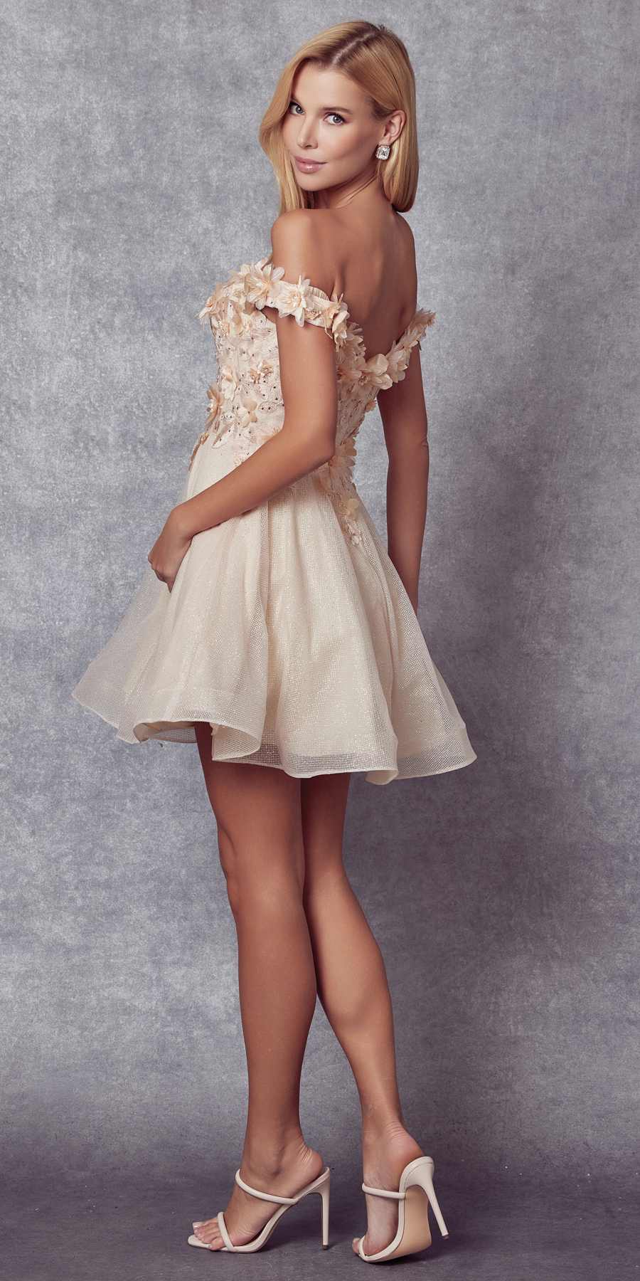Juliet 861 Floral Embroidered Glitter Mesh Short A-Line Dress by DiscountDressShop