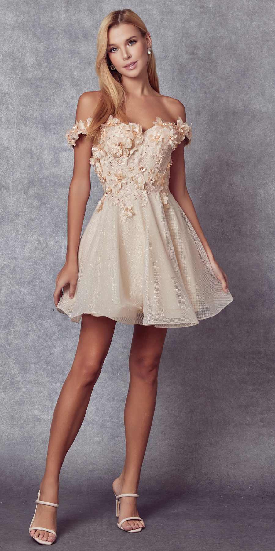 Juliet 861 Floral Embroidered Glitter Mesh Short A-Line Dress by DiscountDressShop
