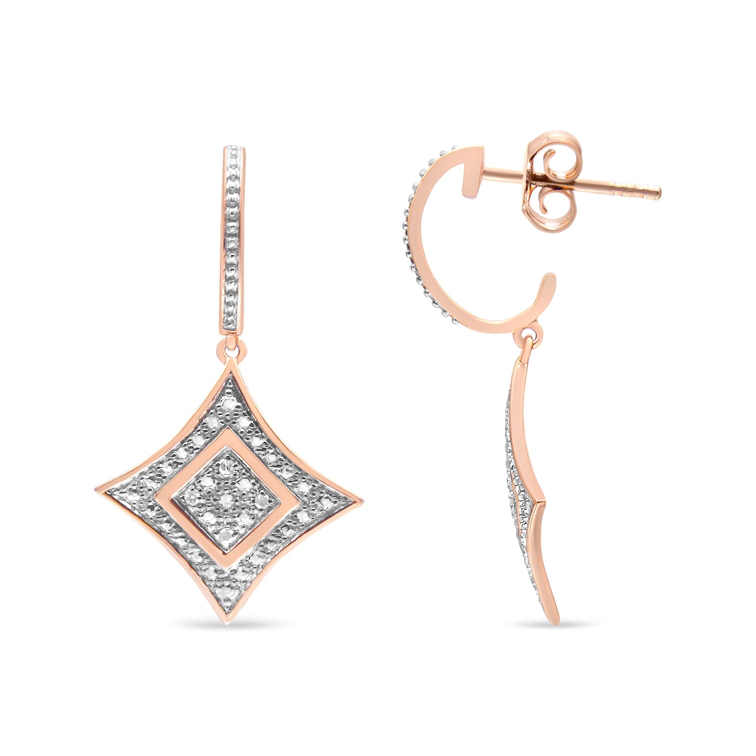 14K Rose Gold Plated .925 Sterling Silver Round-Cut Diamond Accent Dangle Rhombus Earrings (H-I Color, I2-I3 Clarity)  DestGlow