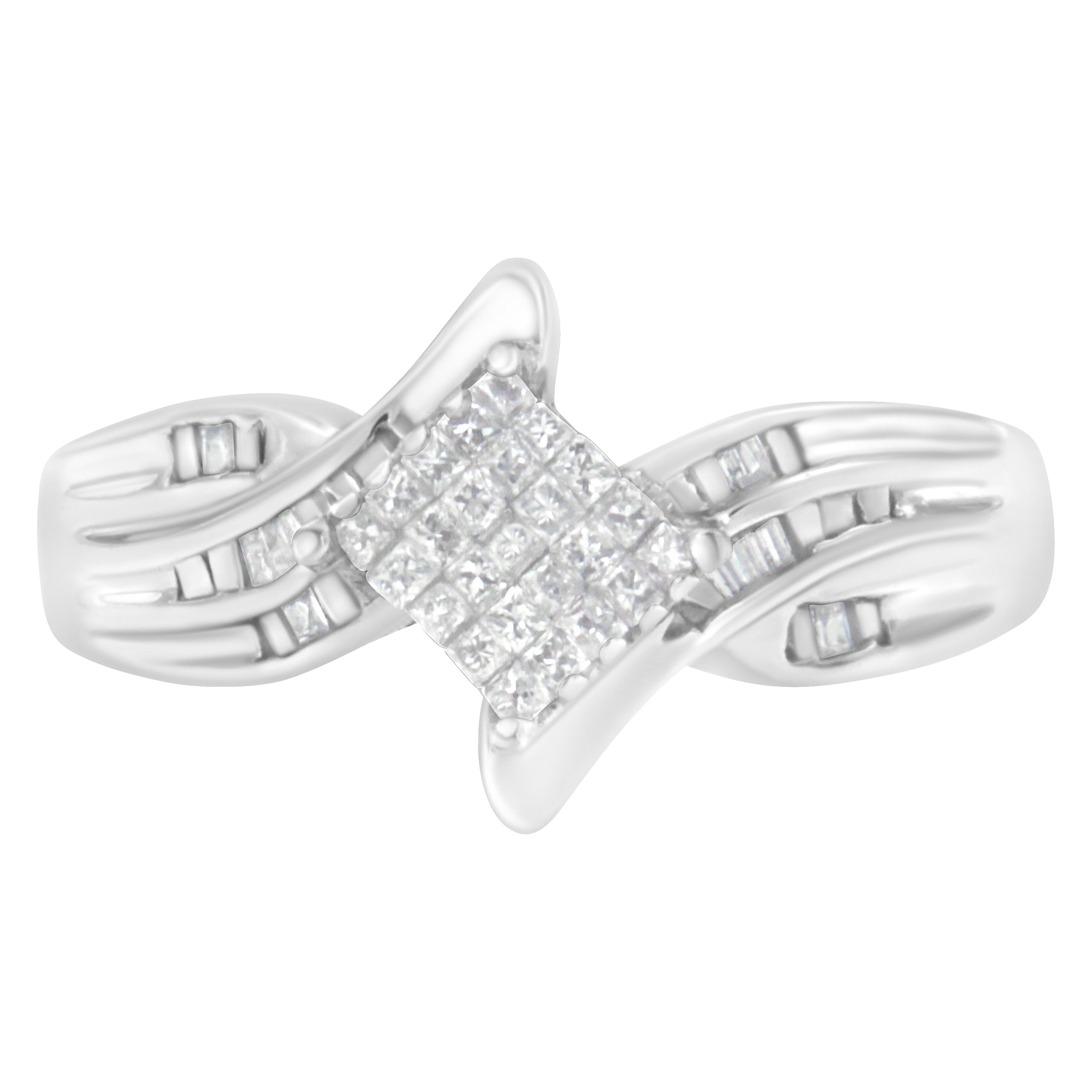 10K White Gold 1/3 Cttw Princess and Baguette Cut Diamond Bypass Style Cocktail Ring (I-J Color, I1-I2 Clarity) - Size 4 by Bids.com