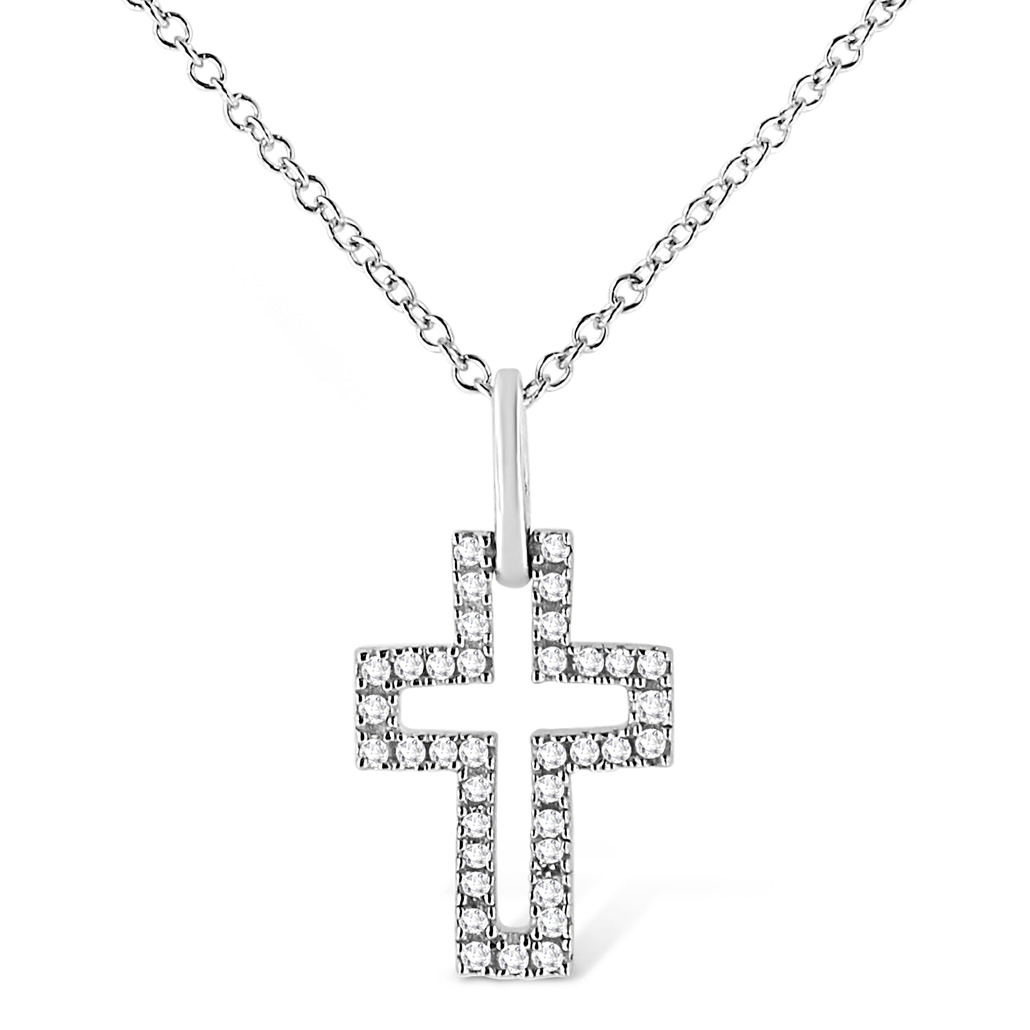 .925 Sterling Silver 1/10 cttw Pave-Set Round-Cut Diamond Open Cross 18" Pendant Necklace (I-J Color, I1-2 Clarity)  DestGlow