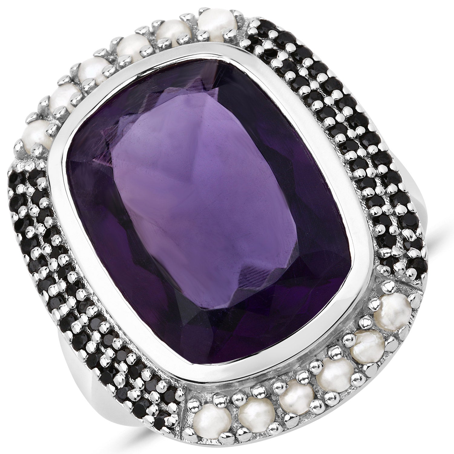 9.59 Carat Genuine Amethyst, Pearl and Black Spinel .925 Sterling Silver Ring by Bids.com