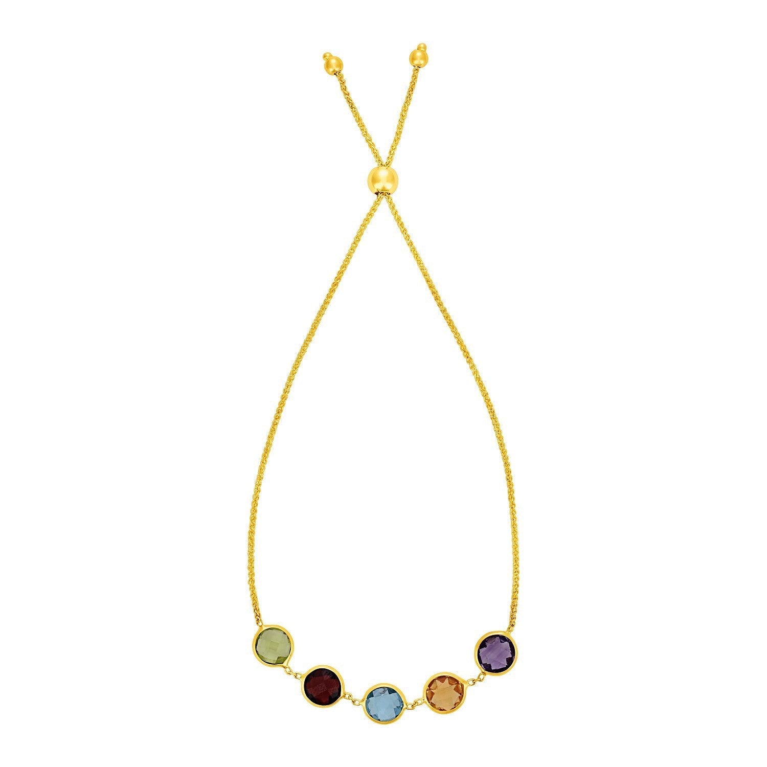 Adjustable Bracelet with Multicolored Large Round Gemstones in 14k Yellow Gold  DestGlow