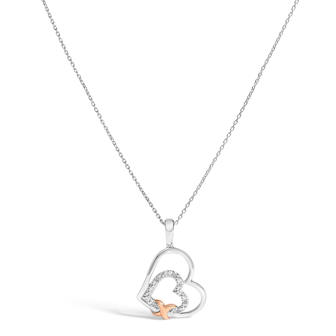 .925 Sterling Silver Double Heart Pendant Necklace with Diamond and 10K Rose Gold Accent  DestGlow