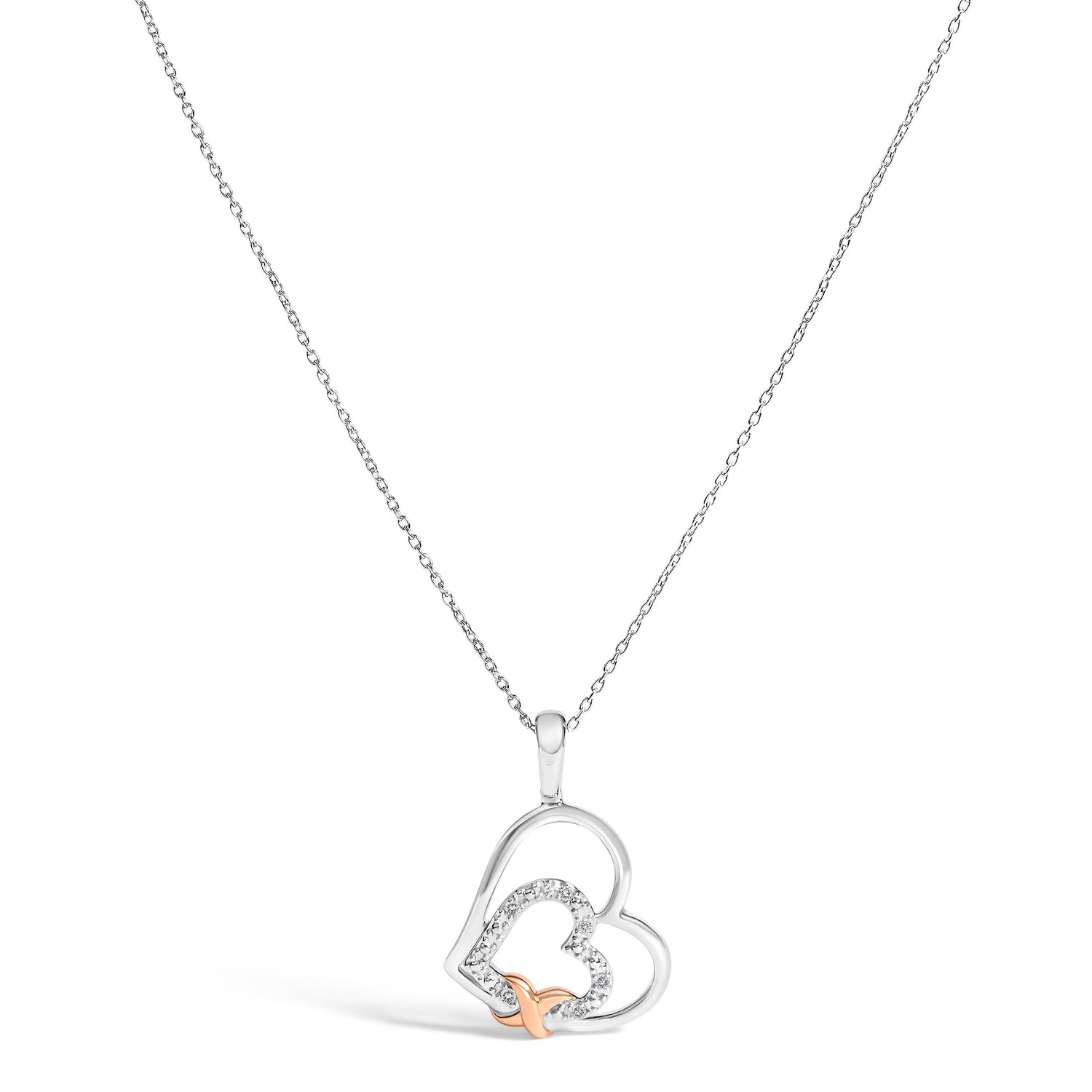 .925 Sterling Silver Double Heart Pendant Necklace with Diamond and 10K Rose Gold Accent  DestGlow