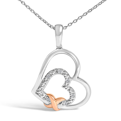 .925 Sterling Silver Double Heart Pendant Necklace with Diamond and 10K Rose Gold Accent  DestGlow
