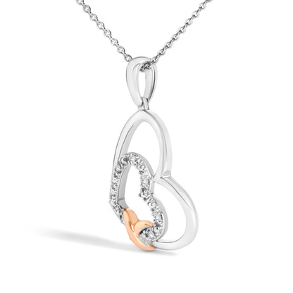 .925 Sterling Silver Double Heart Pendant Necklace with Diamond and 10K Rose Gold Accent  DestGlow