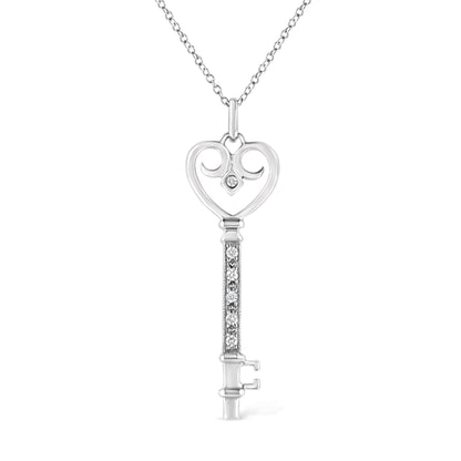 .925 Sterling Silver Pave and Bezel-Set Diamond Accent Key 18" Heart and Lock Pendant Necklace (K-L Color, I1-I2 Clarity) by Bids.com